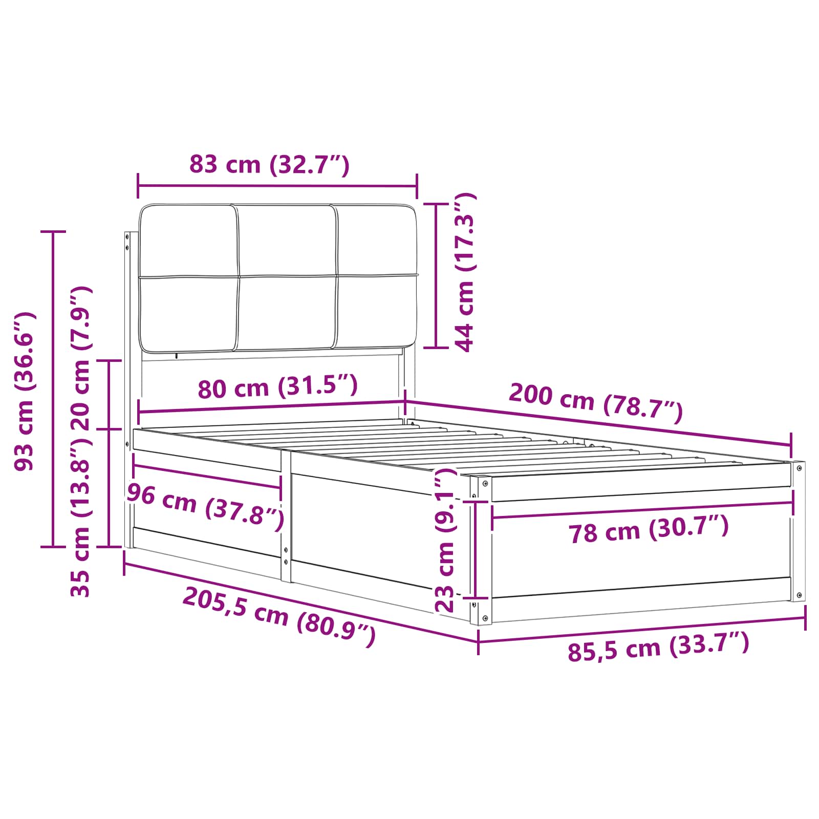 Bettgestell mit gepolstertem Kopfteil Hellgrau 80 x 200 cm