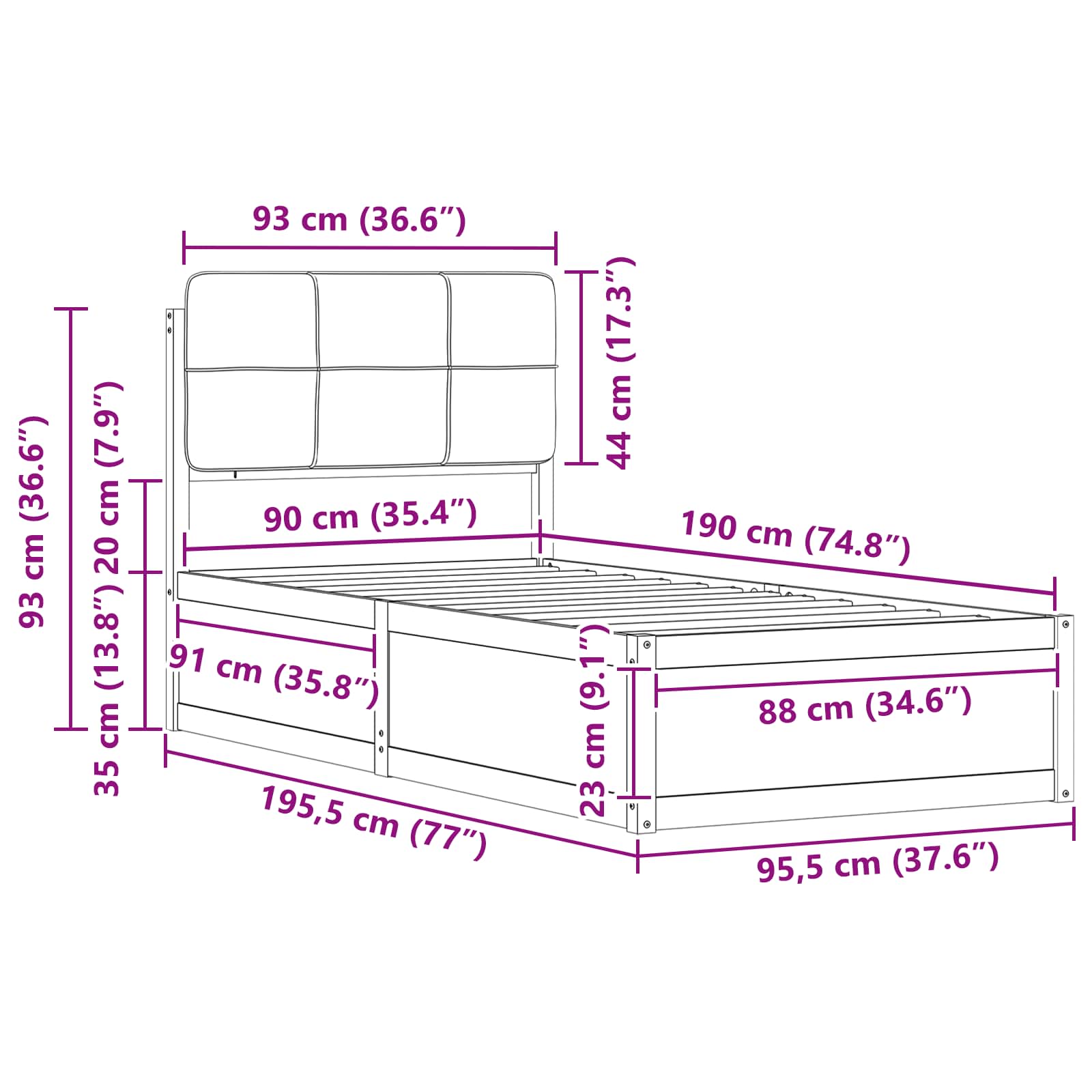 Bettgestell mit gepolstertem Kopfteil Dunkelgrau 90 x 190 cm