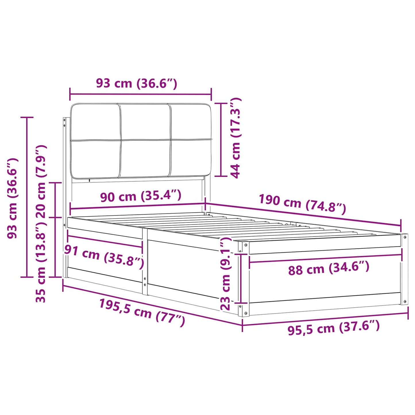 Bettgestell mit gepolstertem Kopfteil Schwarz 90 x 190 cm