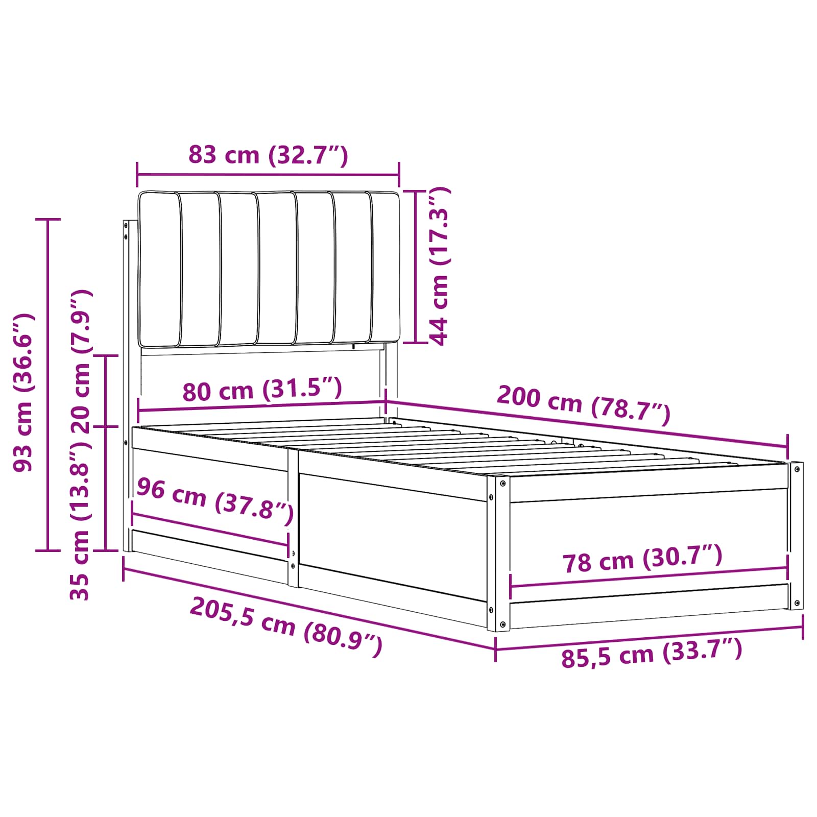 Bettgestell mit gepolstertem Kopfteil Dunkelgrau 80 x 200 cm