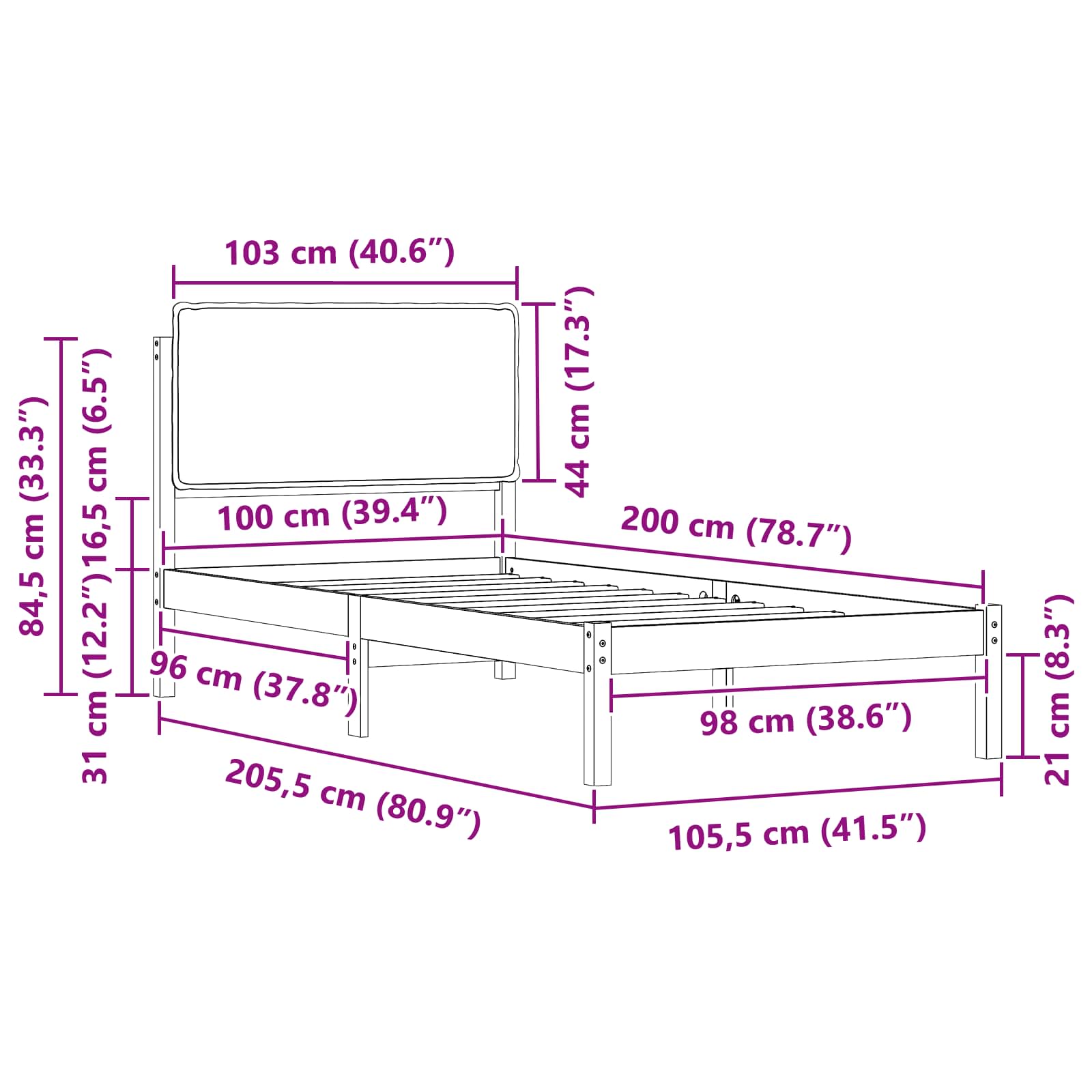 Bettgestell mit gepolstertem Kopfteil Dunkelgrau 100 x 200 cm