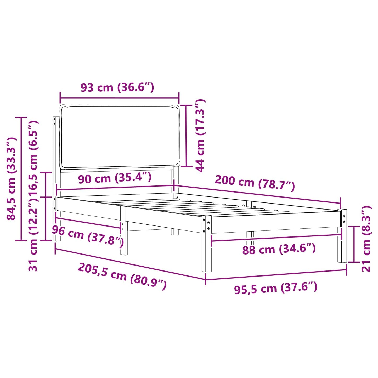 Bettgestell mit gepolstertem Kopfteil Schwarz 90 x 200 cm
