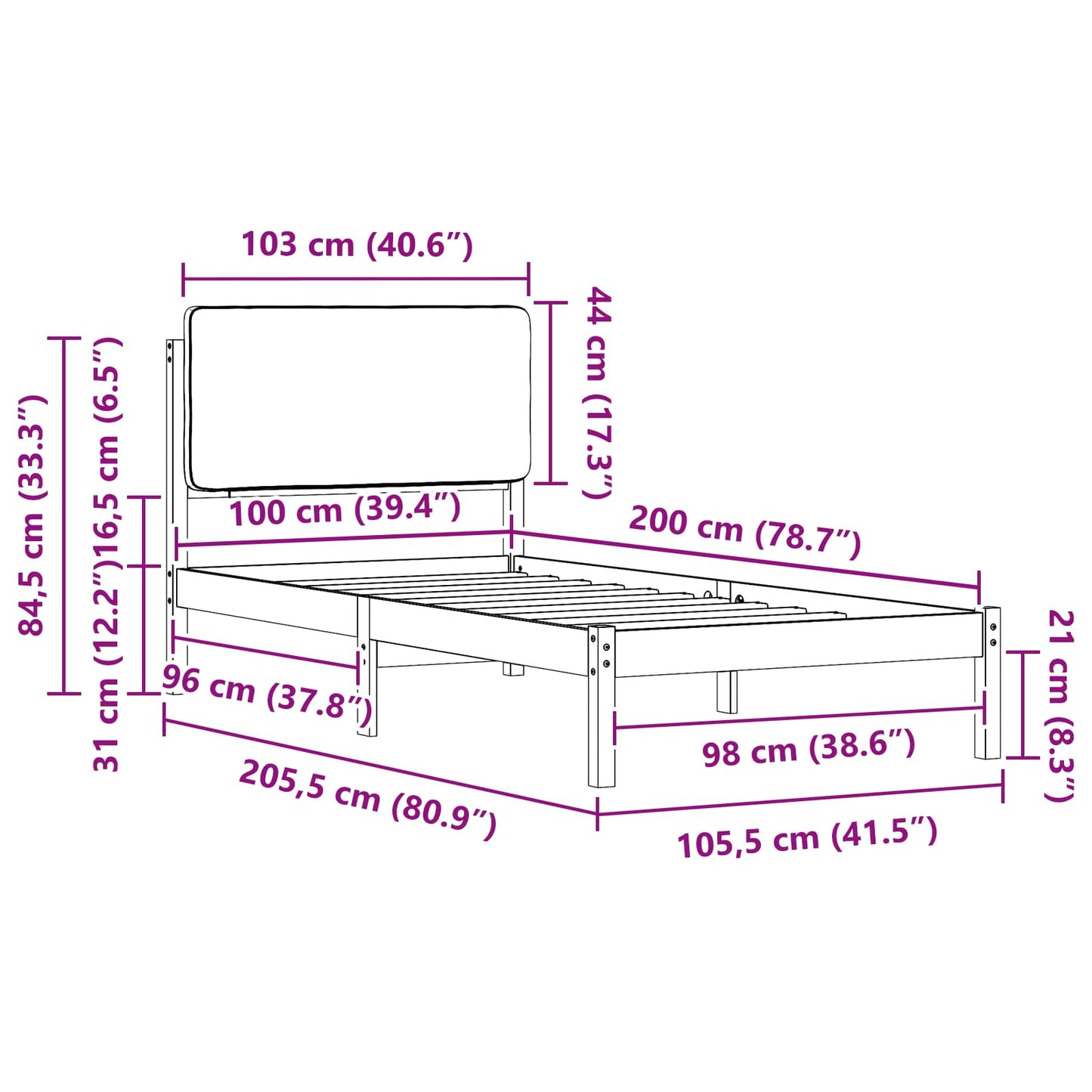 Bettgestell mit gepolstertem Kopfteil Dunkelgrau 100 x 200 cm