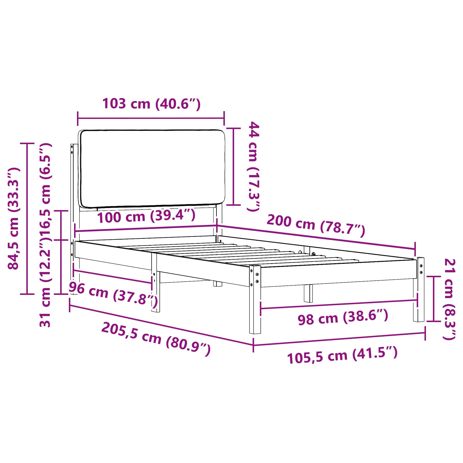 Bettgestell mit gepolstertem Kopfteil Dunkelgrau 100 x 200 cm