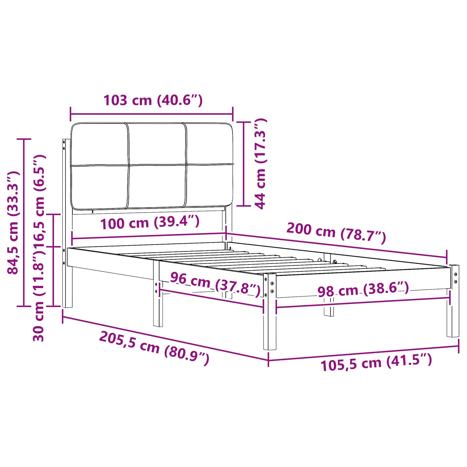 Bettgestell mit gepolstertem Kopfteil Dunkelgrau 100 x 200 cm