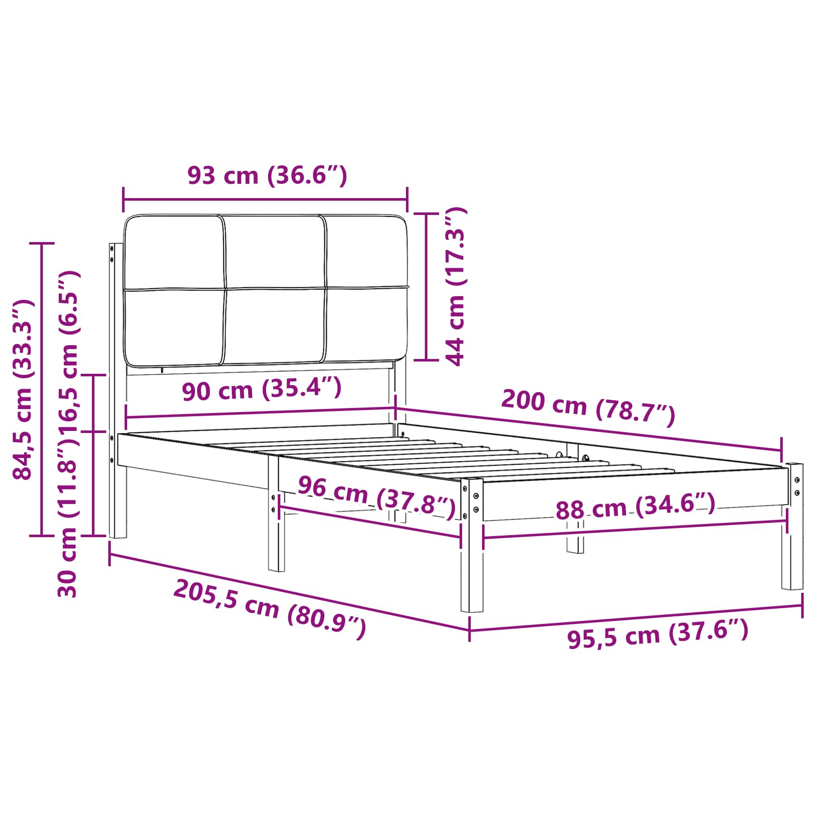 Bettgestell mit gepolstertem Kopfteil Schwarz 90 x 200 cm