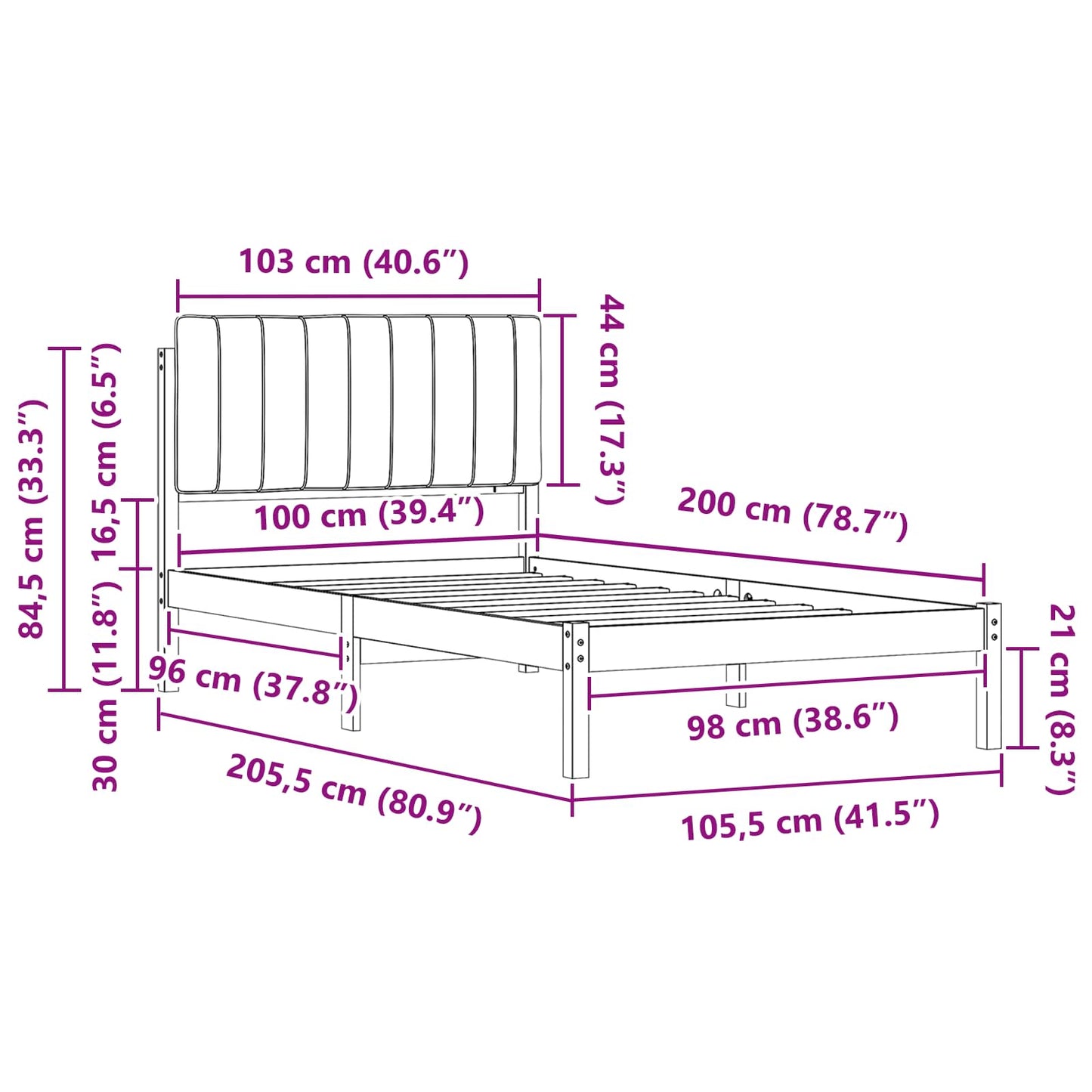 Bettgestell mit gepolstertem Kopfteil Dunkelgrau 100 x 200 cm