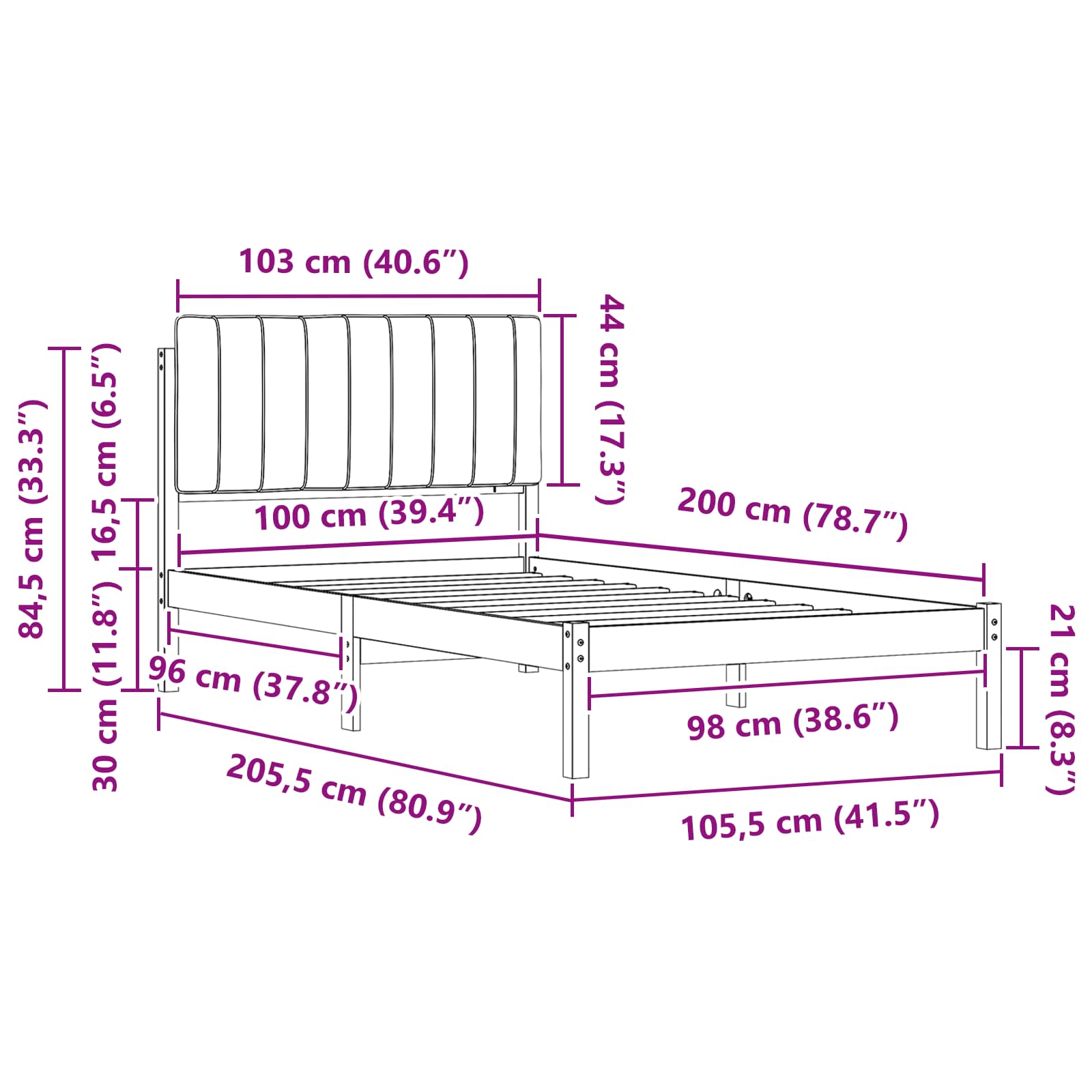 Bettgestell mit gepolstertem Kopfteil Dunkelgrau 100 x 200 cm