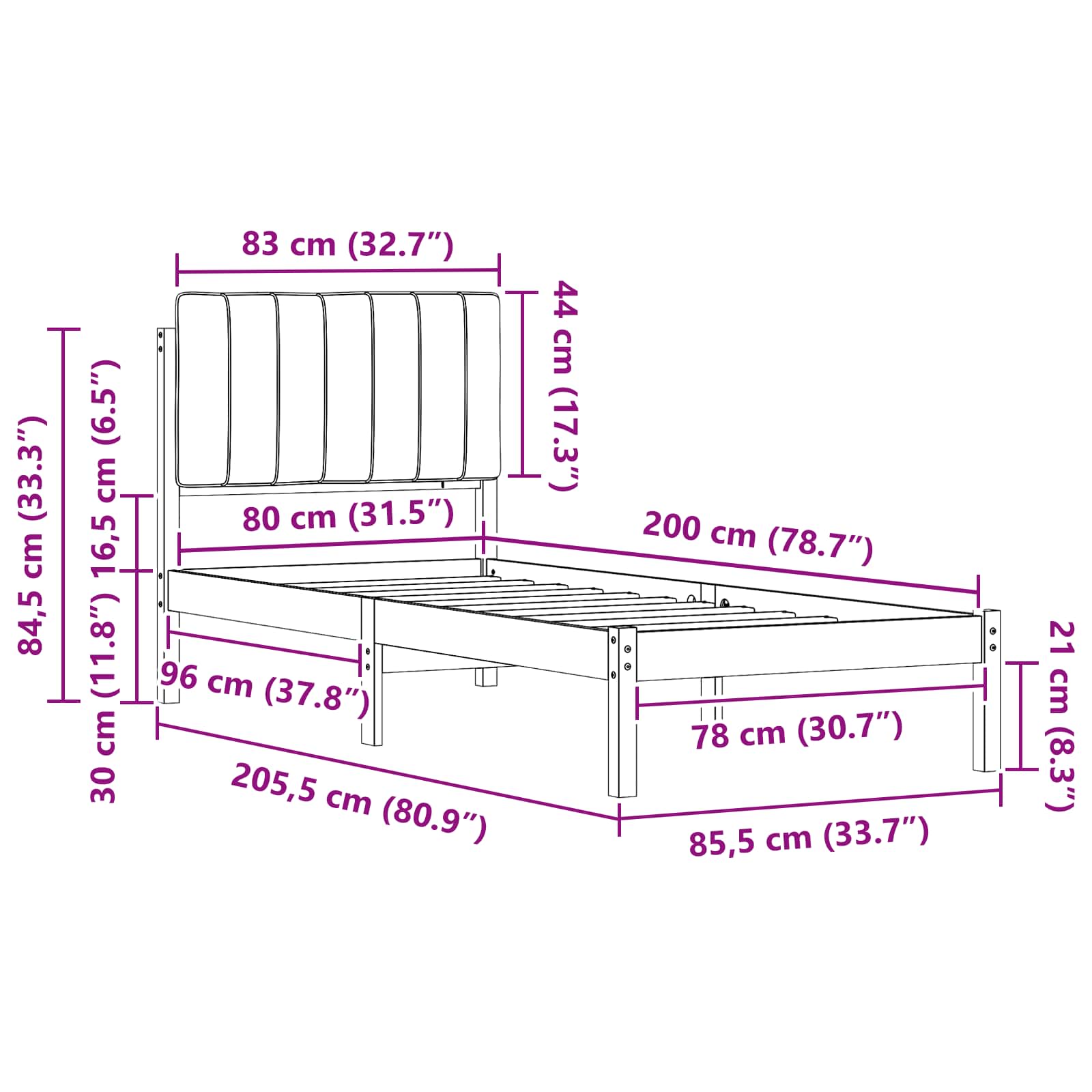Bettgestell mit gepolstertem Kopfteil Dunkelgrau 80 x 200 cm