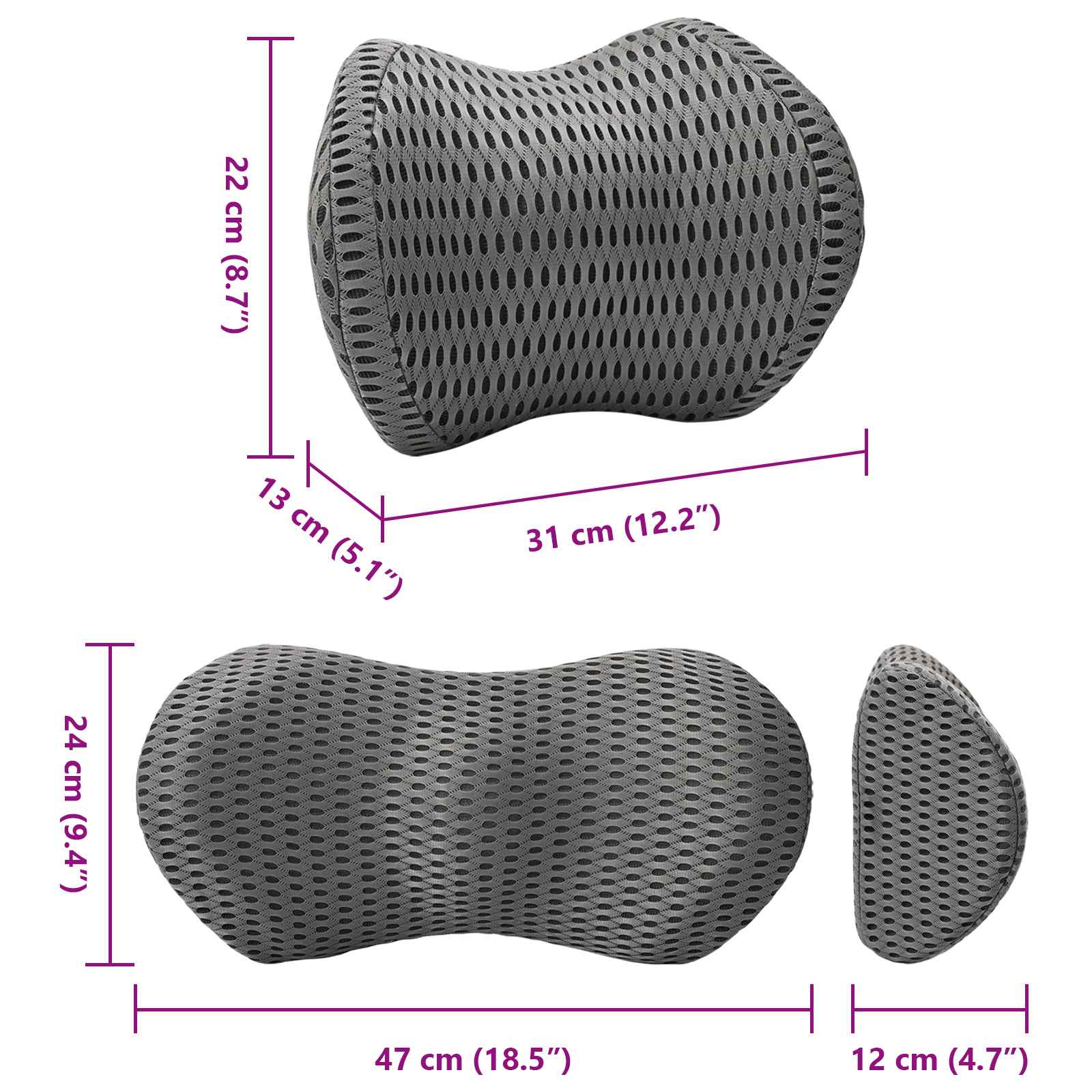 Nackenkissen, Rückenkissen Grau Viscoschaum 47 x 24 x 12 cm