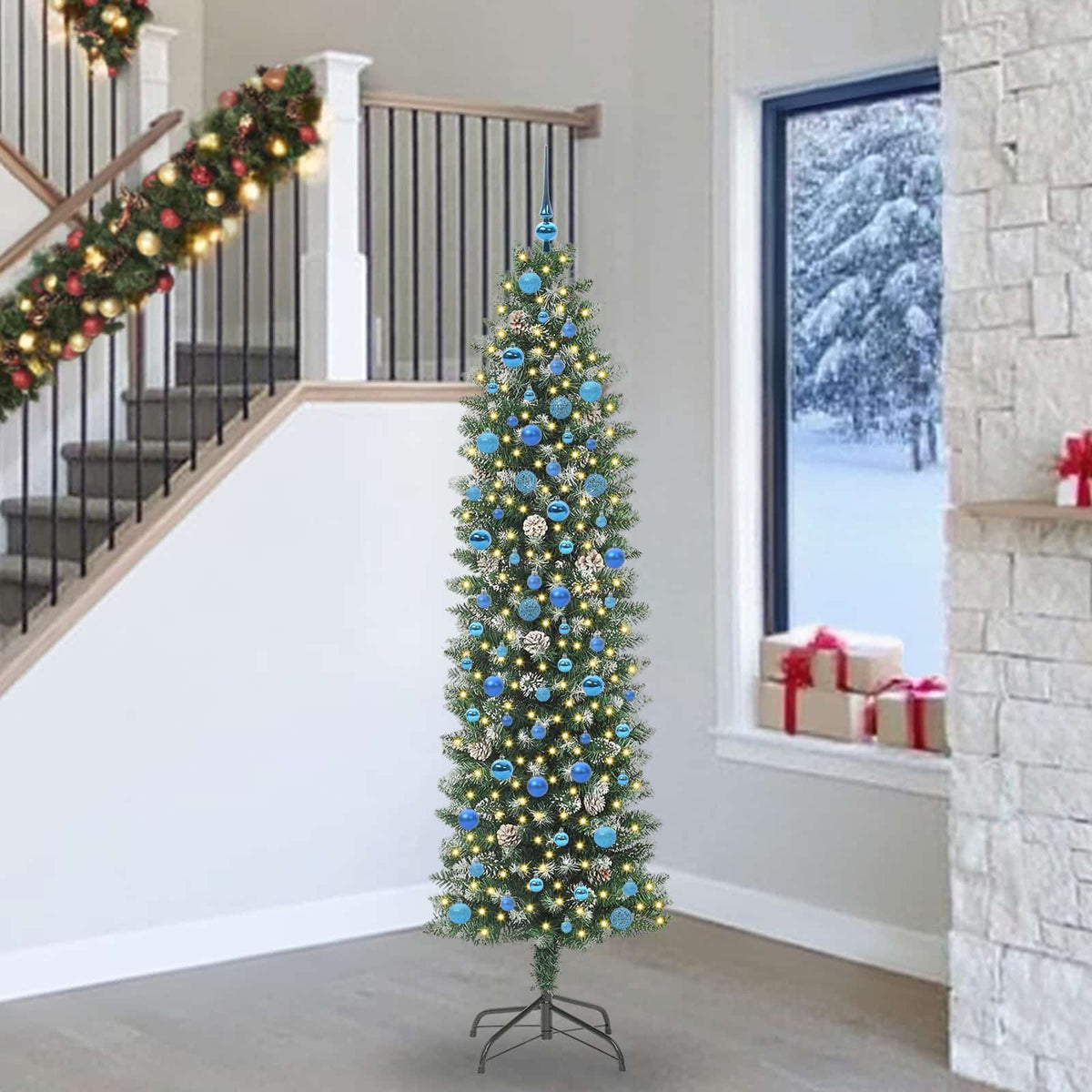 Künstlicher schlanker Weihnachtsbaum Grün und Weiß 240 cm