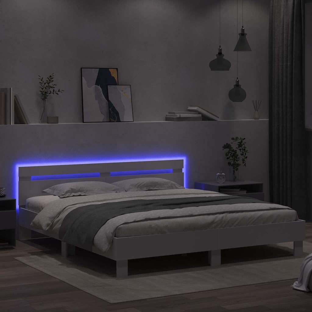 Bettrahmen mit LED mit Kopfteil Weiß 193 x 203 cm Holzwerkstoff