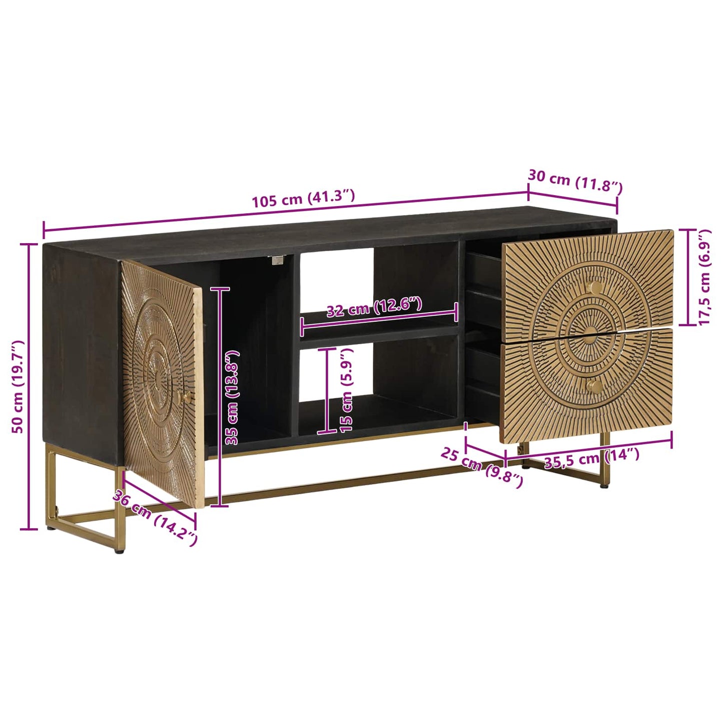 TV-Schränk mit Schubladen mit Regal Messing 105 x 30 x 50 cm