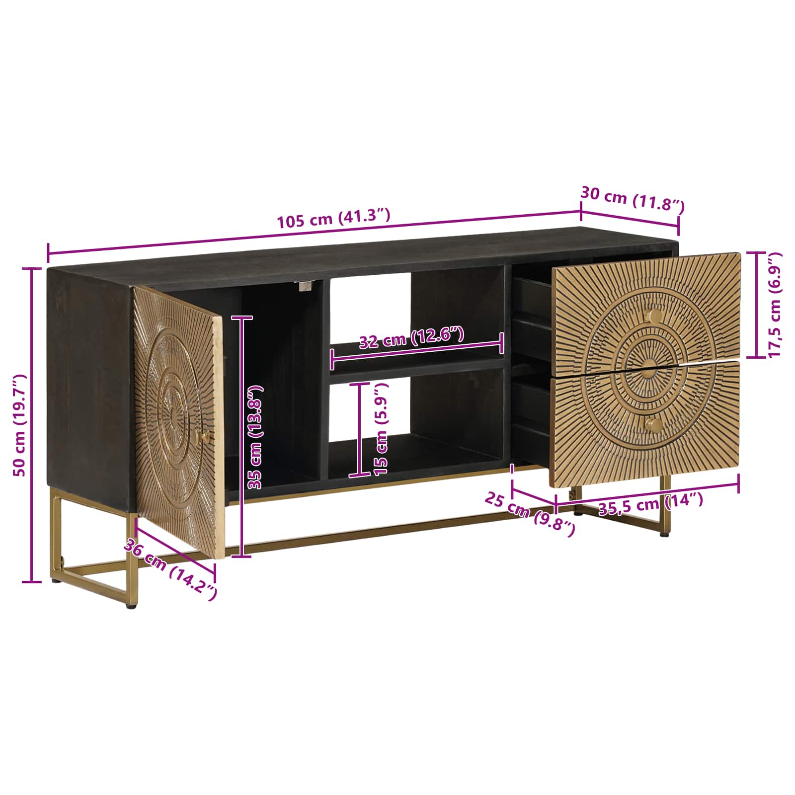 TV-Schränk mit Schubladen mit Regal Messing 105 x 30 x 50 cm