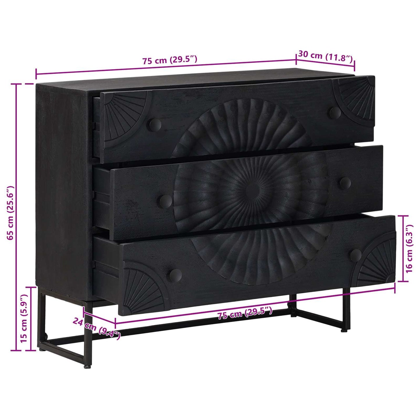 Schubladenschrank Schwarz 75 x 30 x 65 cm