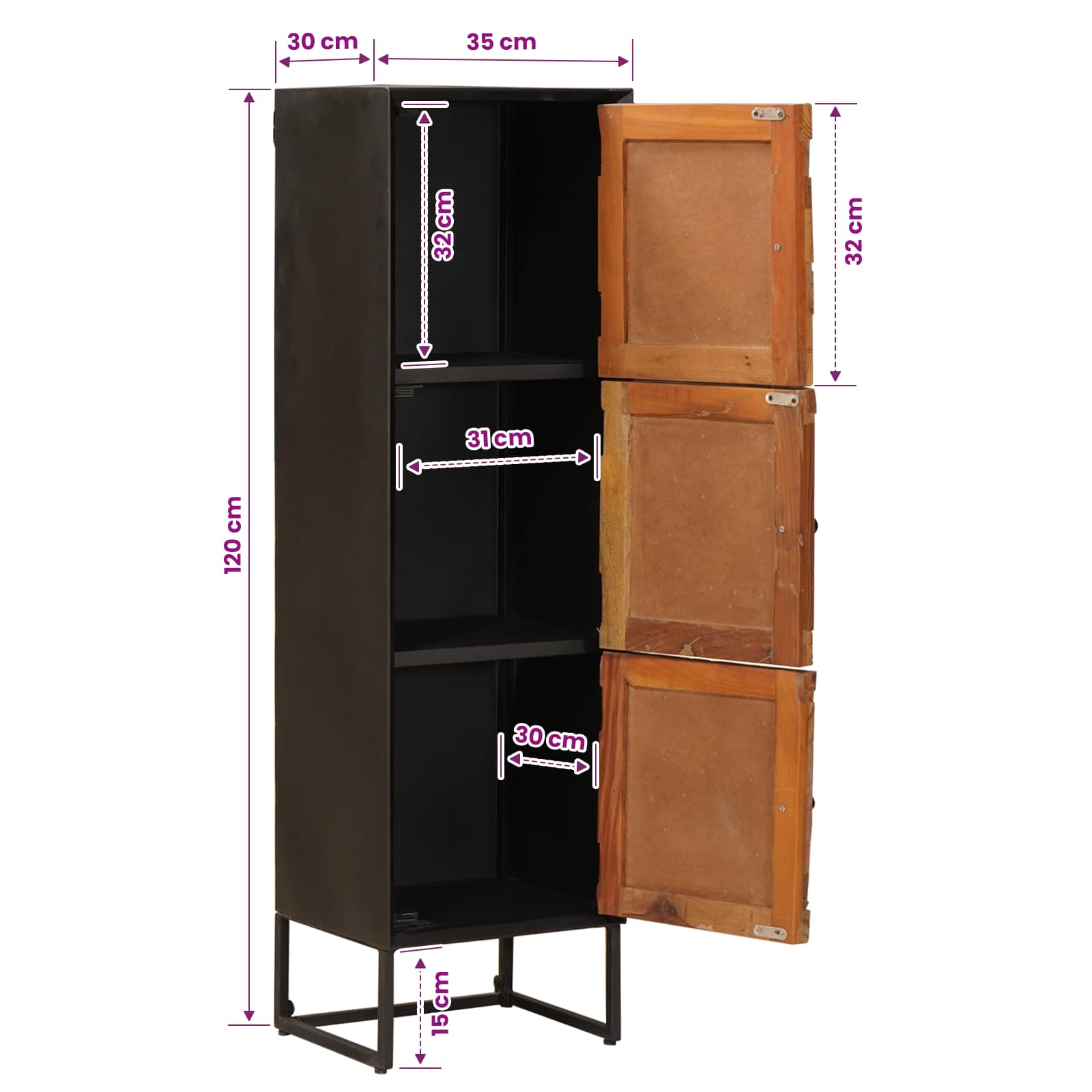 Highboard 35 x 30 x 120 cm Massiv Holz und engineered Wood