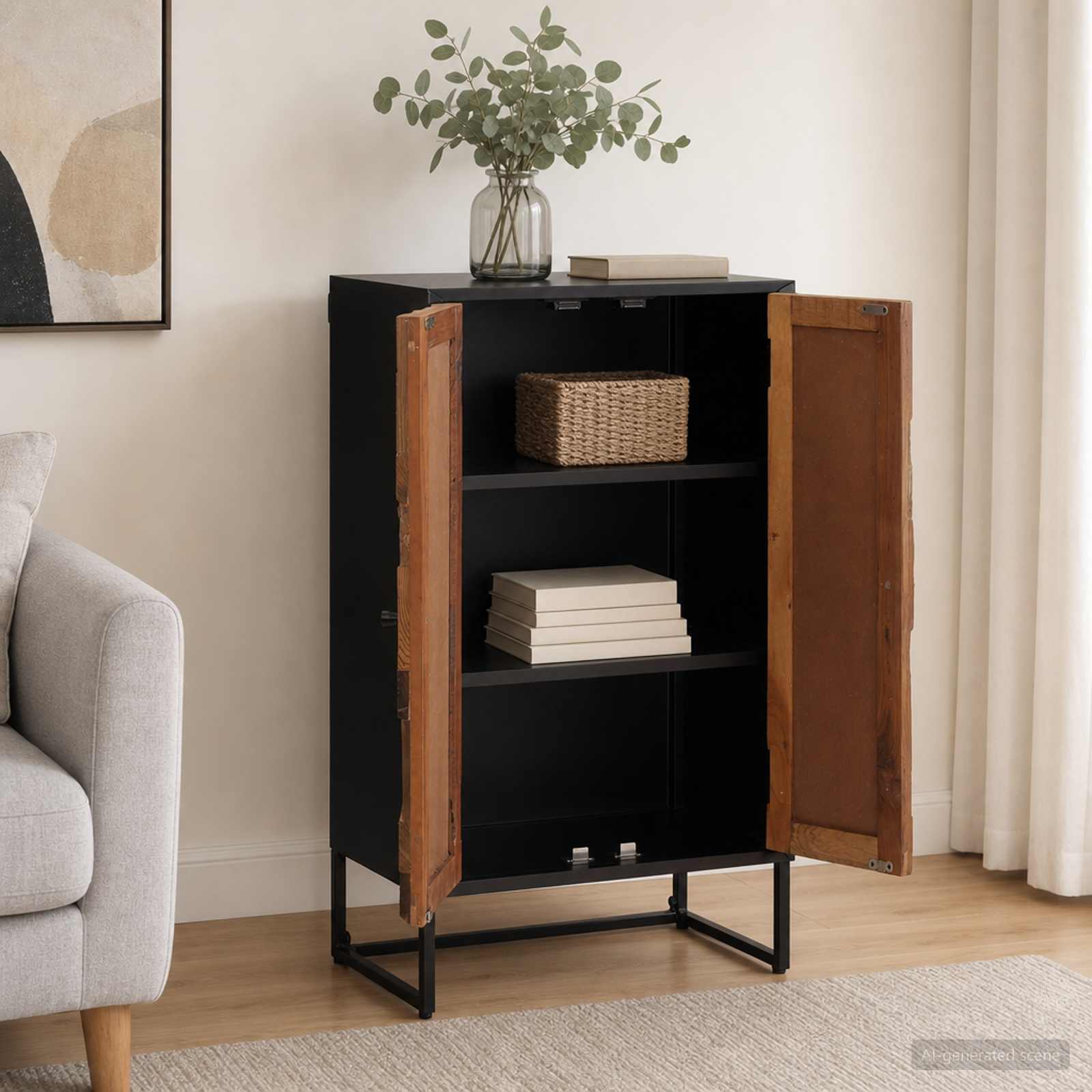 Highboard 53 x 30 x 95 cm Massiv Holz und engineered Wood