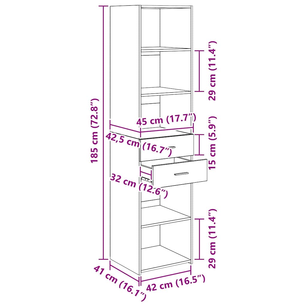Highboard Artisan-Eiche 45 x 42,5 x 185 cm Holzwerkstoff