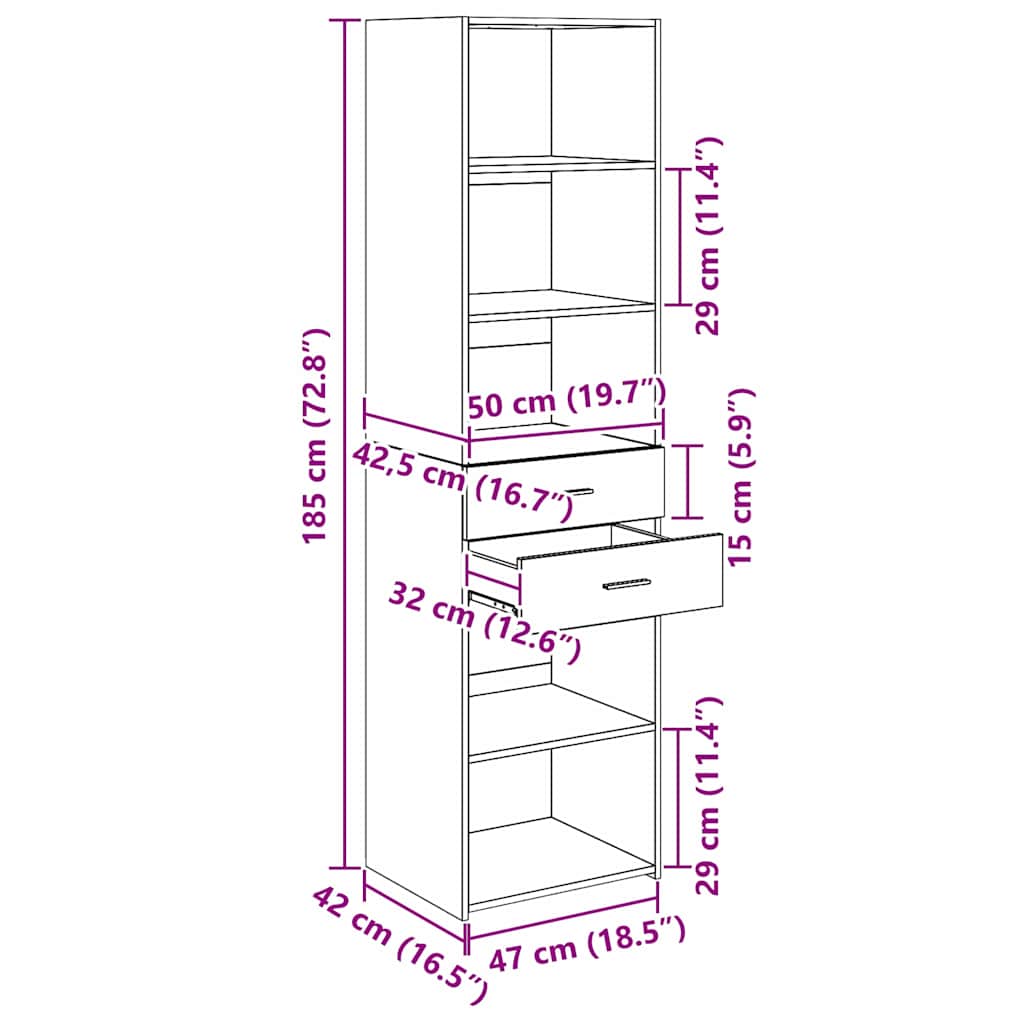 Highboard Schwarz Eichen-Optik 50 x 42,5 x 185 cm Holzwerkstoff