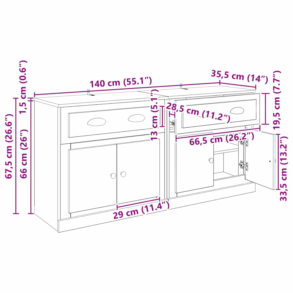 Sideboards 2 stk. Schwarz Eichen-Optik 70 x 35,5 x 67,5 cm