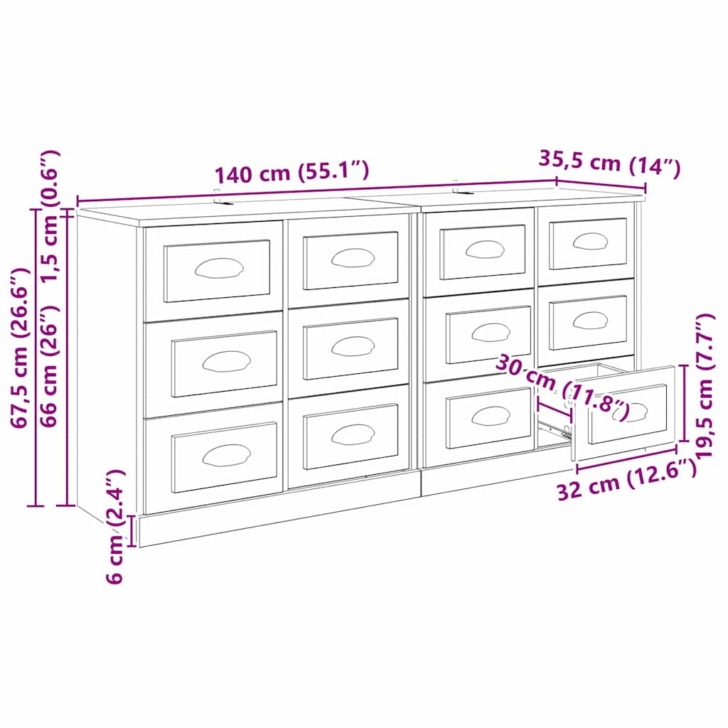 Sideboards 2 pcs Schwarz Eichen-Optik 70 x 35,5 x 67,5 cm