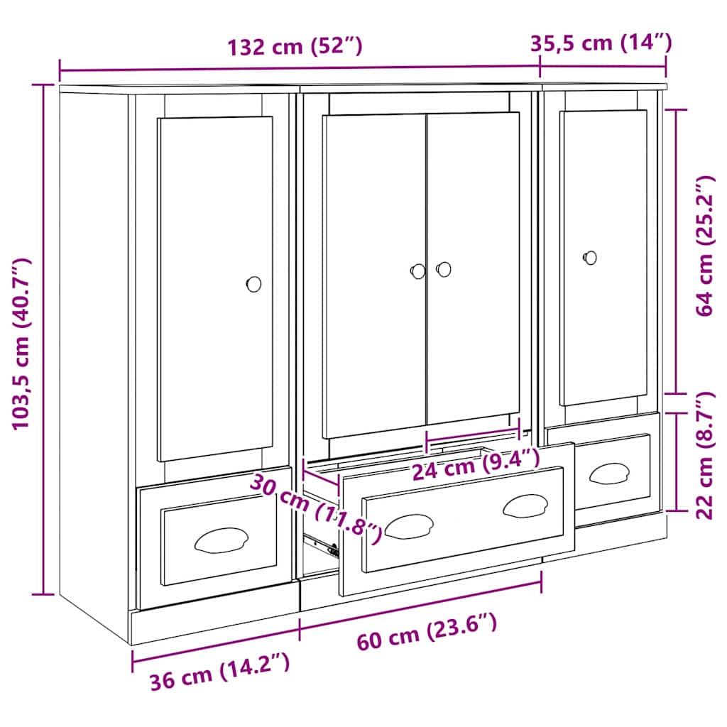 Highboard 3 stk. Schwarz Eichen-Optik 132 x 35,5 x 103,5 cm