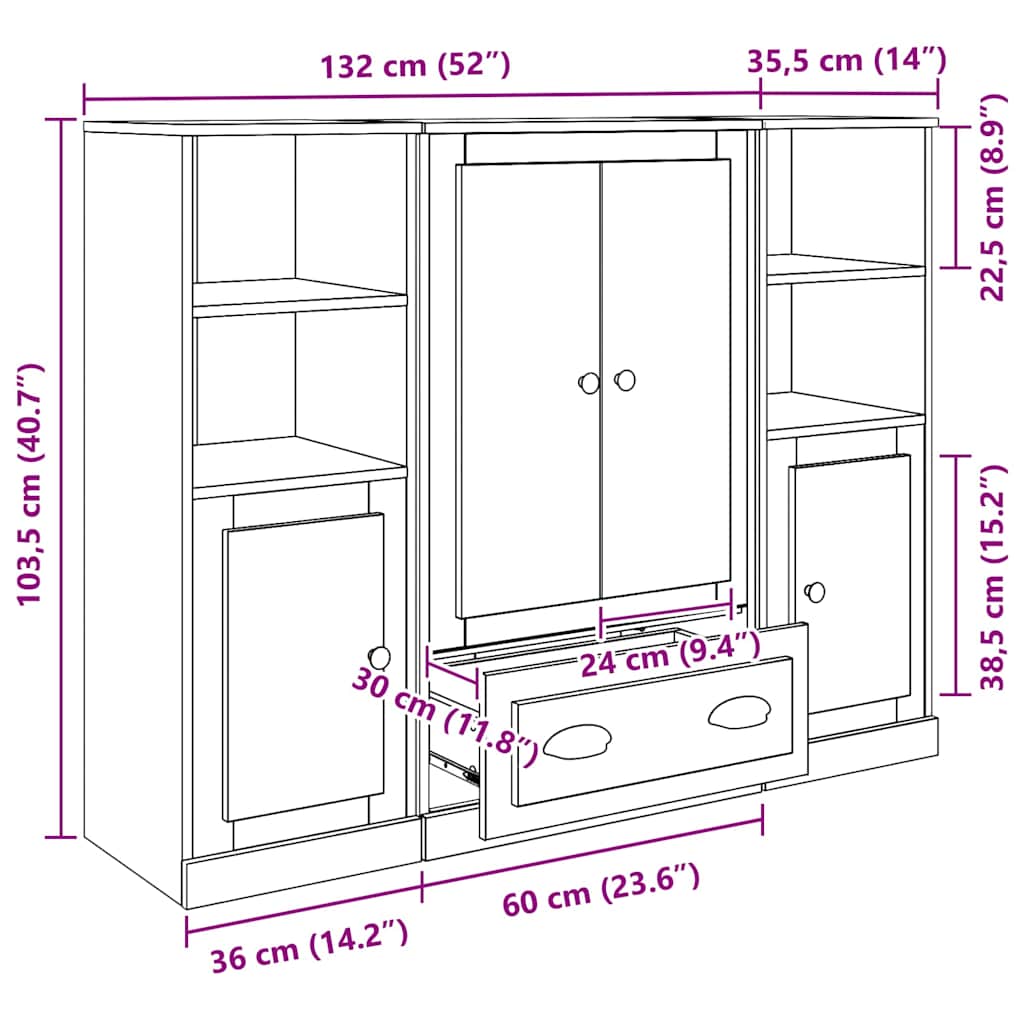 Highboard 3 stk. Schwarz Eichen-Optik 132 x 35,5 x 103,5 cm