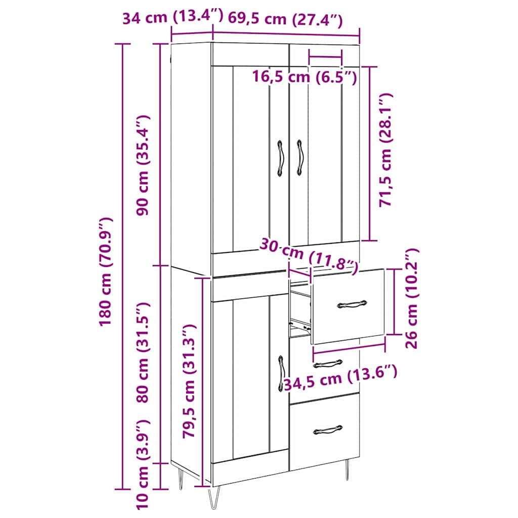Highboard Altholz 69,5 x 34 x 90 cm Holzwerkstoff
