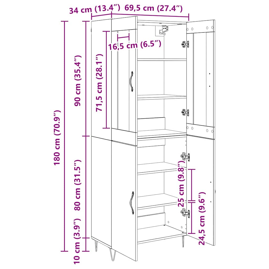 Highboard Weiß und Schwarz Eiche 69,5 x 34 x 180 cm