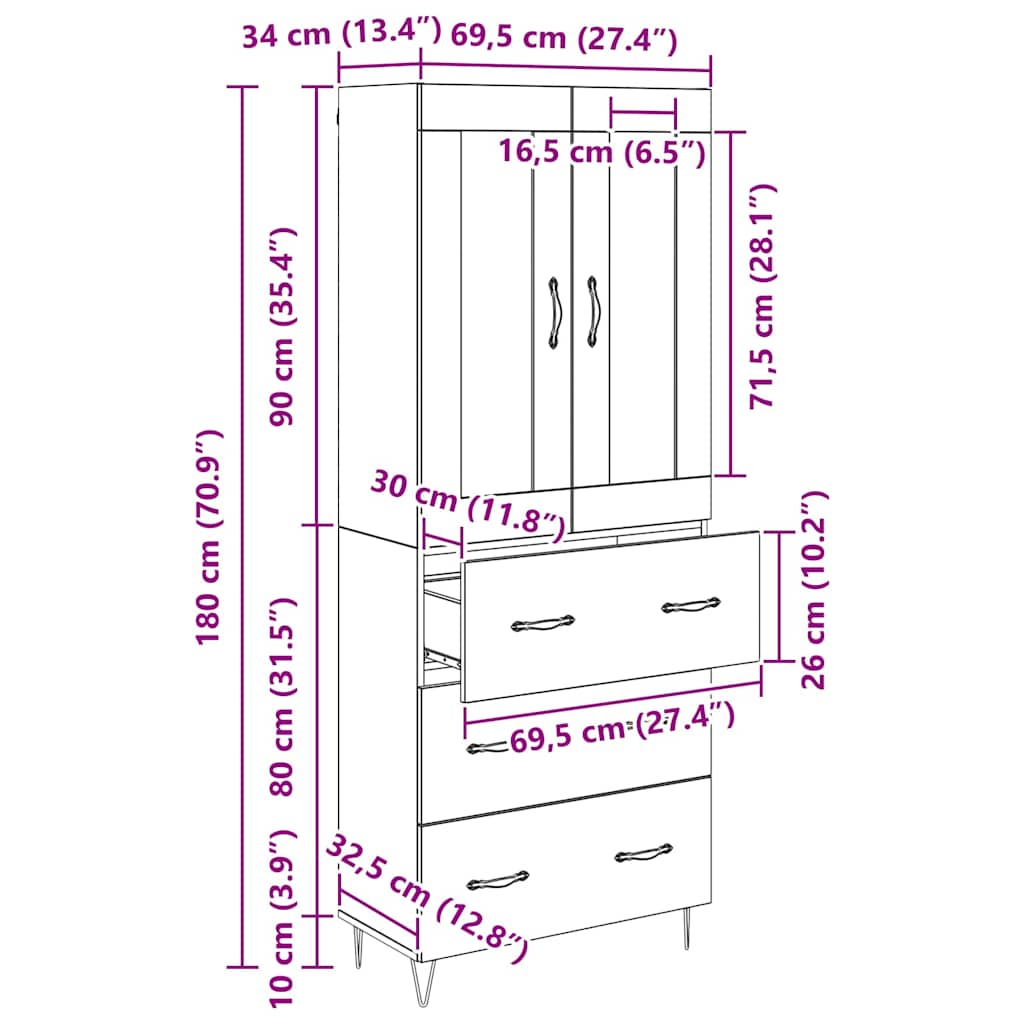 Highboard Schwarz Eichen-Optik 69,5 x 34 x 90 cm Holzwerkstoff