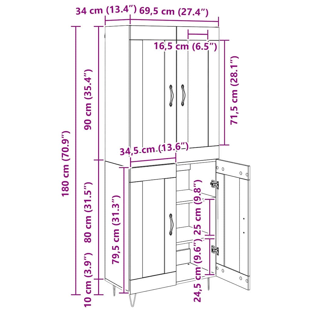 Highboard Schwarz Eichen-Optik 69,5 x 34 x 90 cm Holzwerkstoff