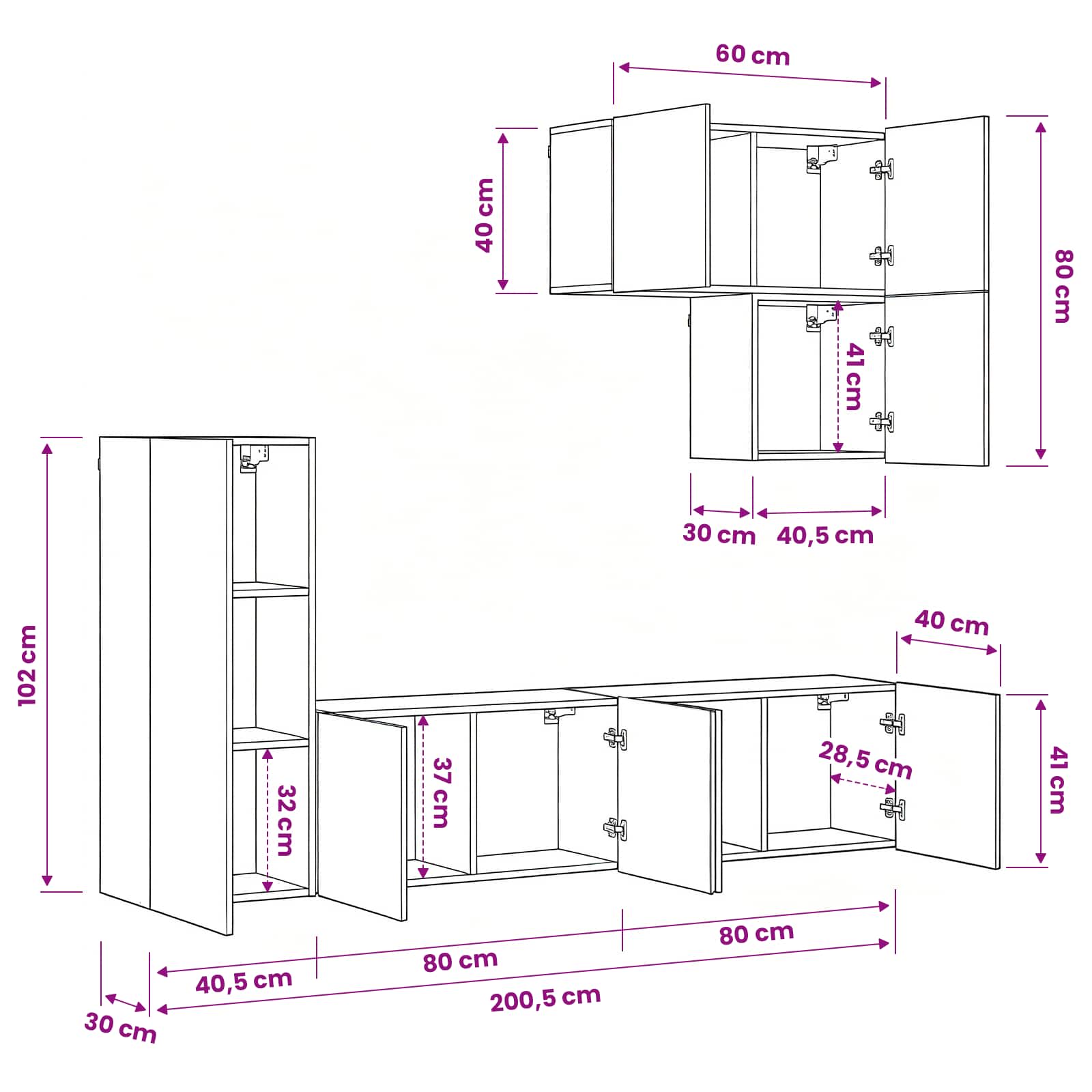 TV-Wandmöbel 5 pcs Schwarz Eichen-Optik Holzwerkstoff