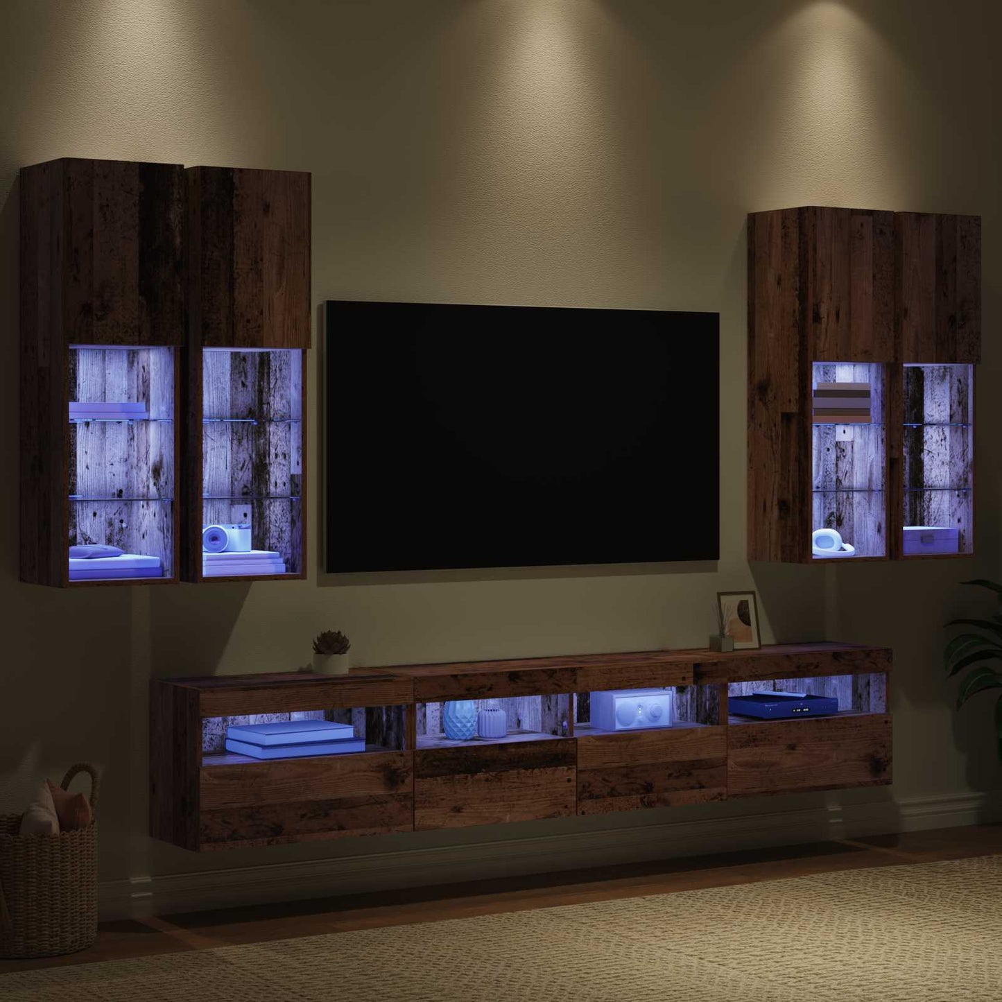 TV-Wandschrank-Set mit LED-Lichtern 7 stk. Altholz