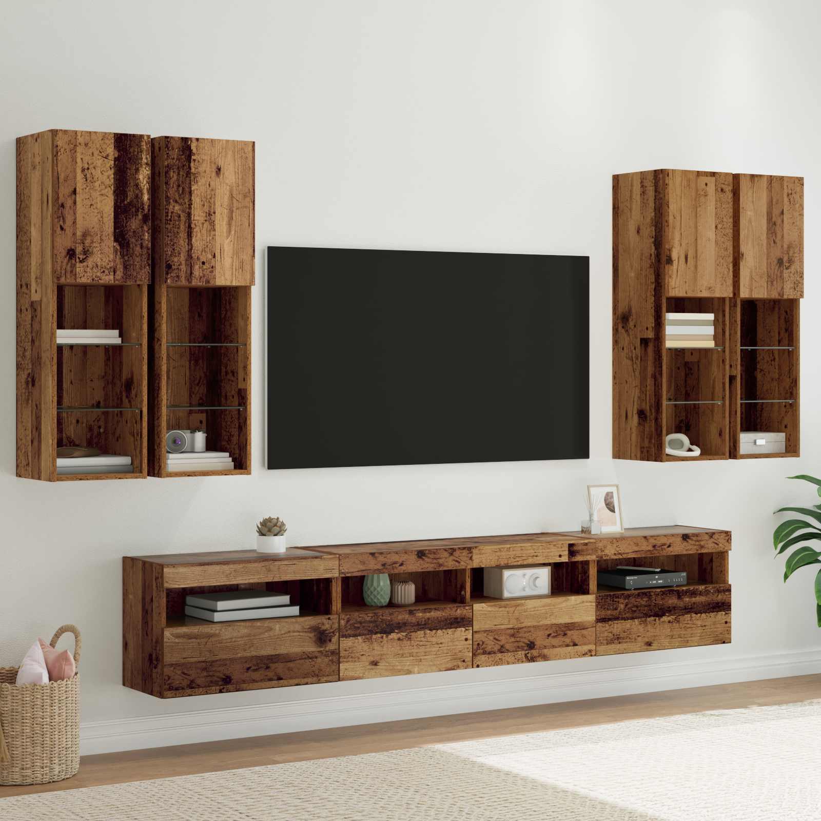TV-Wandschrank-Set mit LED-Lichtern 7 stk. Altholz