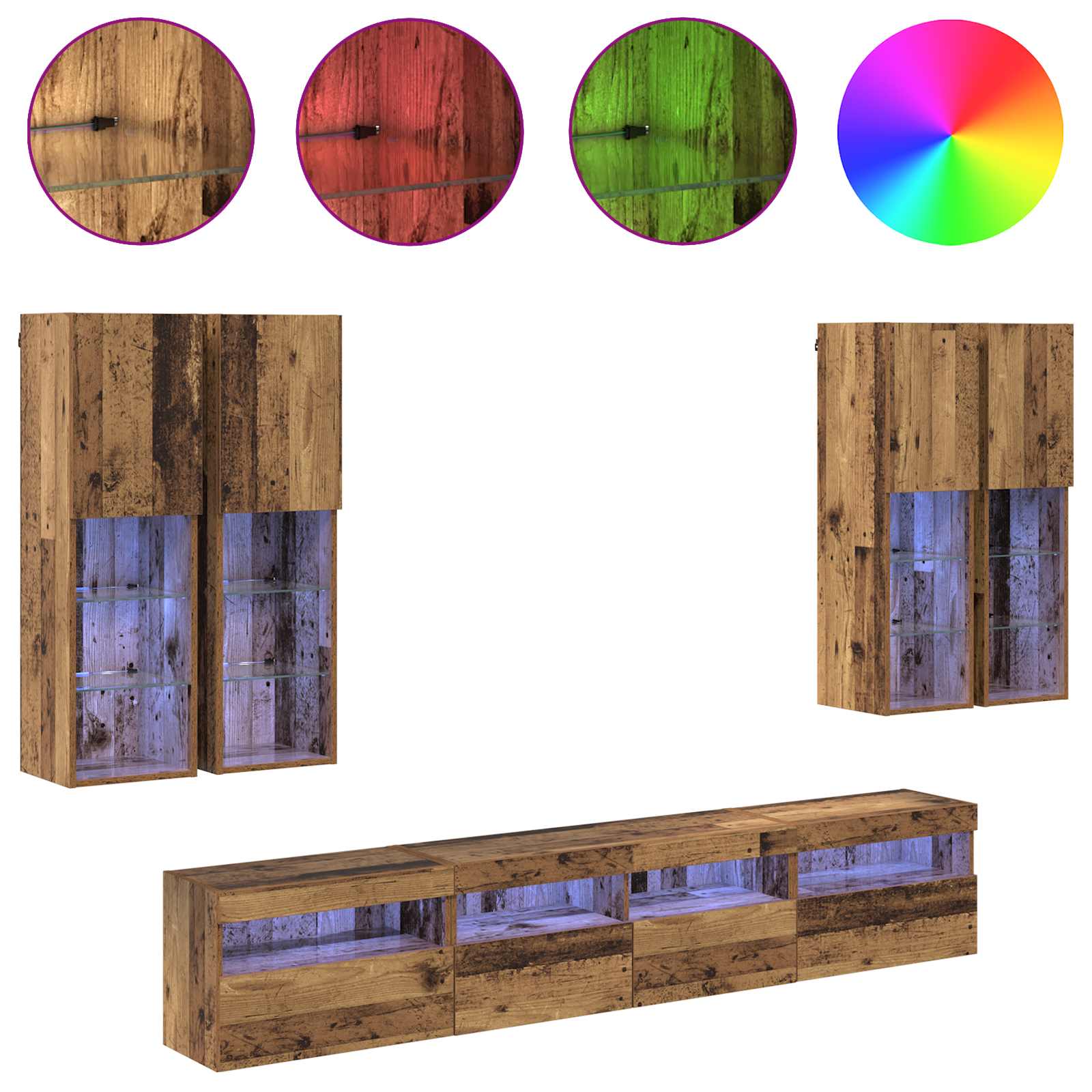 TV-Wandschrank-Set mit LED-Lichtern 7 stk. Altholz
