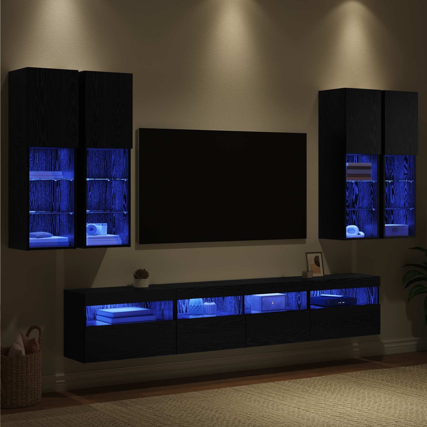 TV-Wandschrank-Set mit LED-Lichtern 7 stk. Schwarz Eichen-Optik