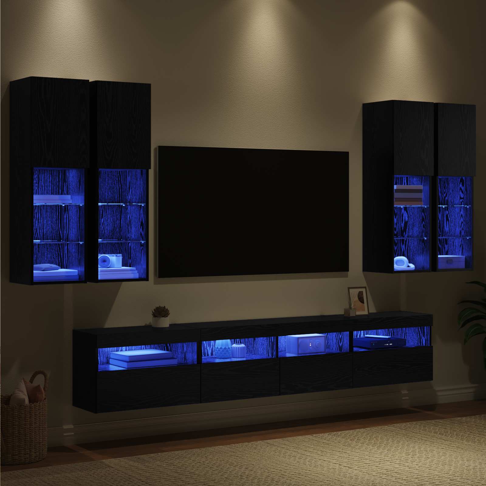 TV-Wandschrank-Set mit LED-Lichtern 7 stk. Schwarz Eichen-Optik