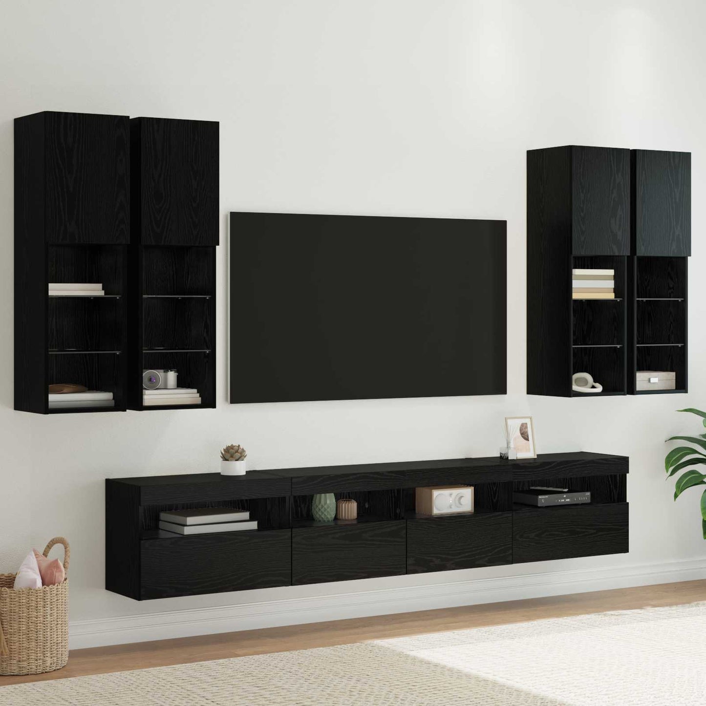 TV-Wandschrank-Set mit LED-Lichtern 7 stk. Schwarz Eichen-Optik