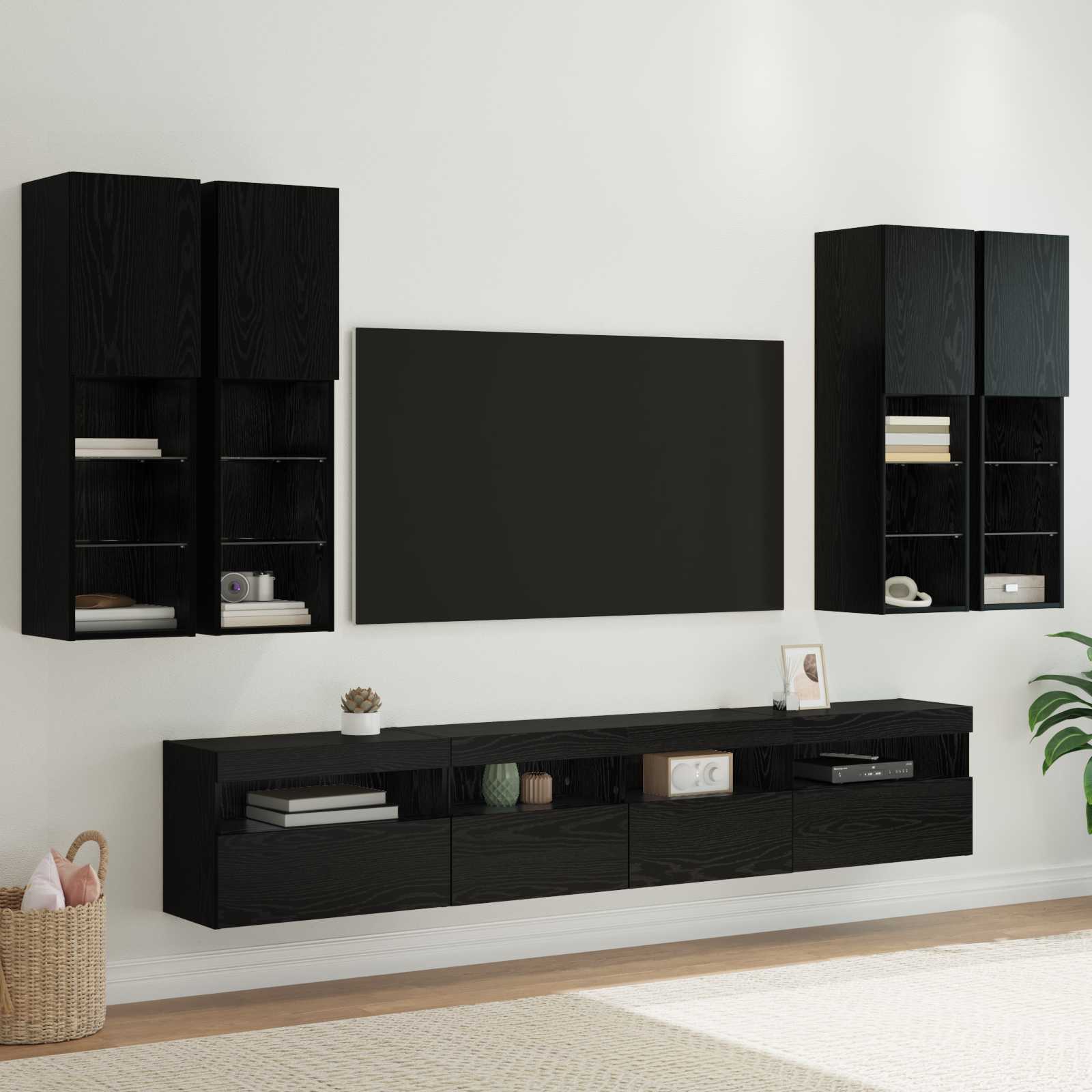 TV-Wandschrank-Set mit LED-Lichtern 7 stk. Schwarz Eichen-Optik
