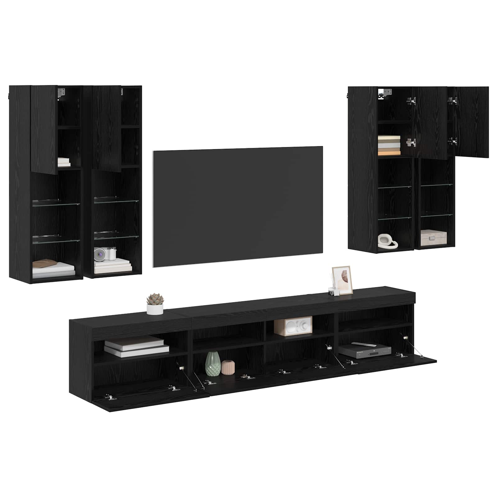 TV-Wandschrank-Set mit LED-Lichtern 7 stk. Schwarz Eichen-Optik
