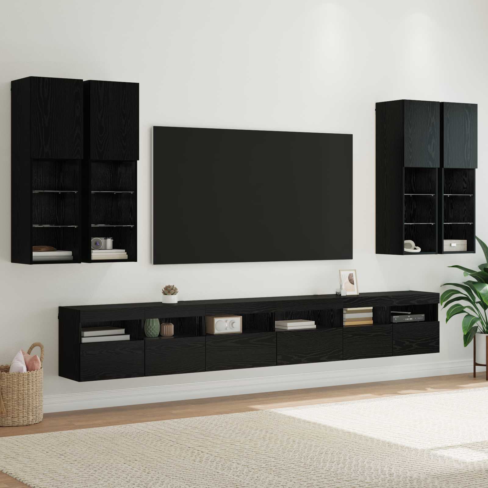 TV-Wandregal-Set 7 stk. Schwarz Eichen-Optik Holzwerkstoff