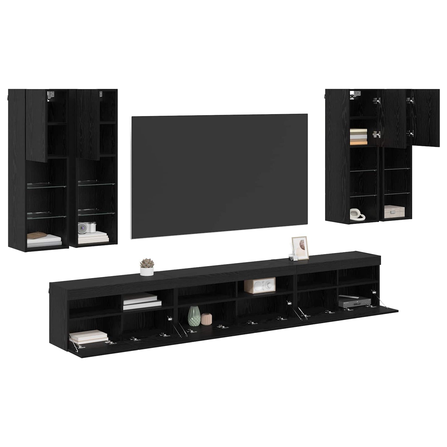TV-Wandregal-Set 7 stk. Schwarz Eichen-Optik Holzwerkstoff