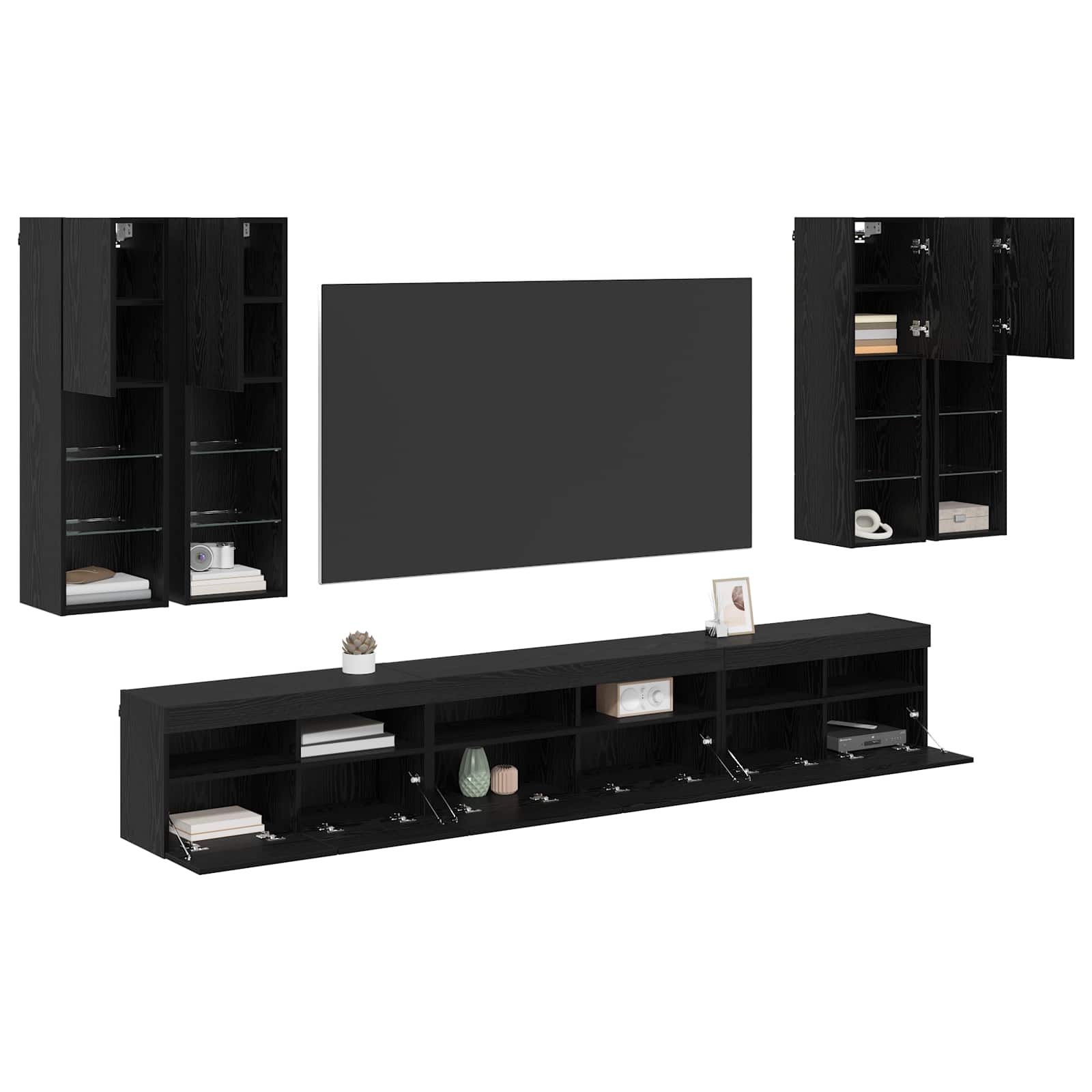 TV-Wandregal-Set 7 stk. Schwarz Eichen-Optik Holzwerkstoff