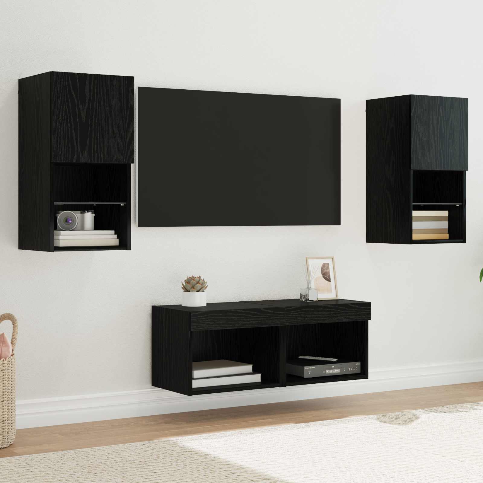 TV-Wandregale 4 pcs Schwarz Eichen-Optik Holzwerkstoff