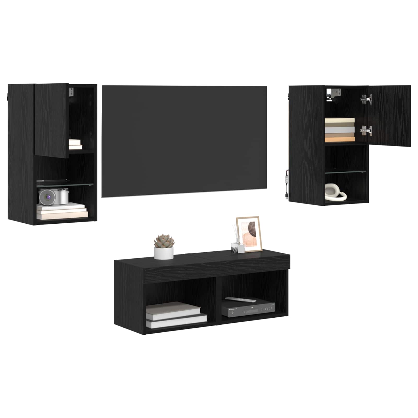 TV-Wandregale 4 pcs Schwarz Eichen-Optik Holzwerkstoff