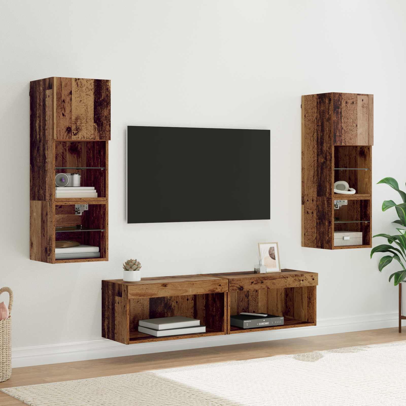 TV-Wandmöbel mit LED-Lichtleisten 6 pcs Altholz Holzwerkstoff