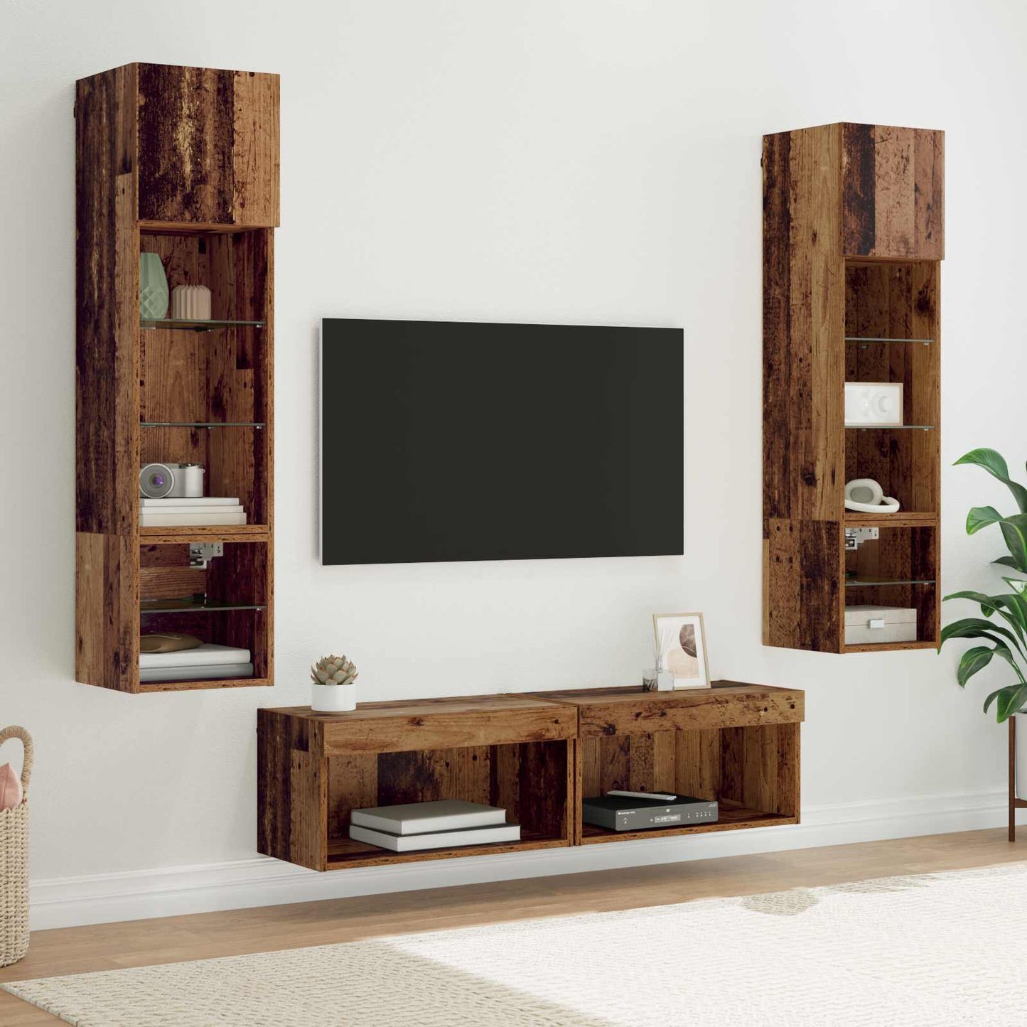 TV-Wandmöbel mit LED-Lichtleisten 6 pcs Altholz Holzwerkstoff