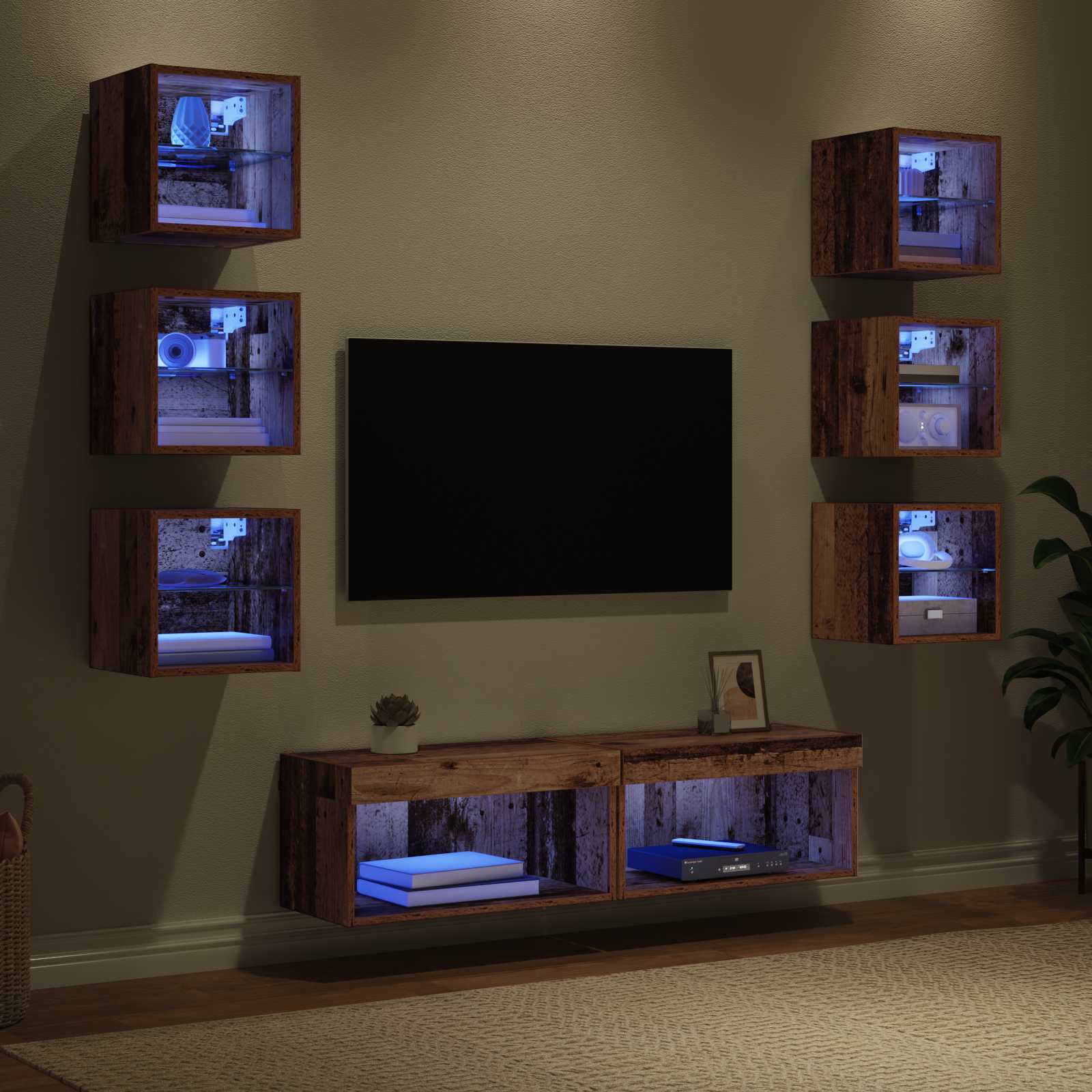 TV-Schränk mit LED-Lichtleisten Wandmontiert 8 pcs Altholz Glas