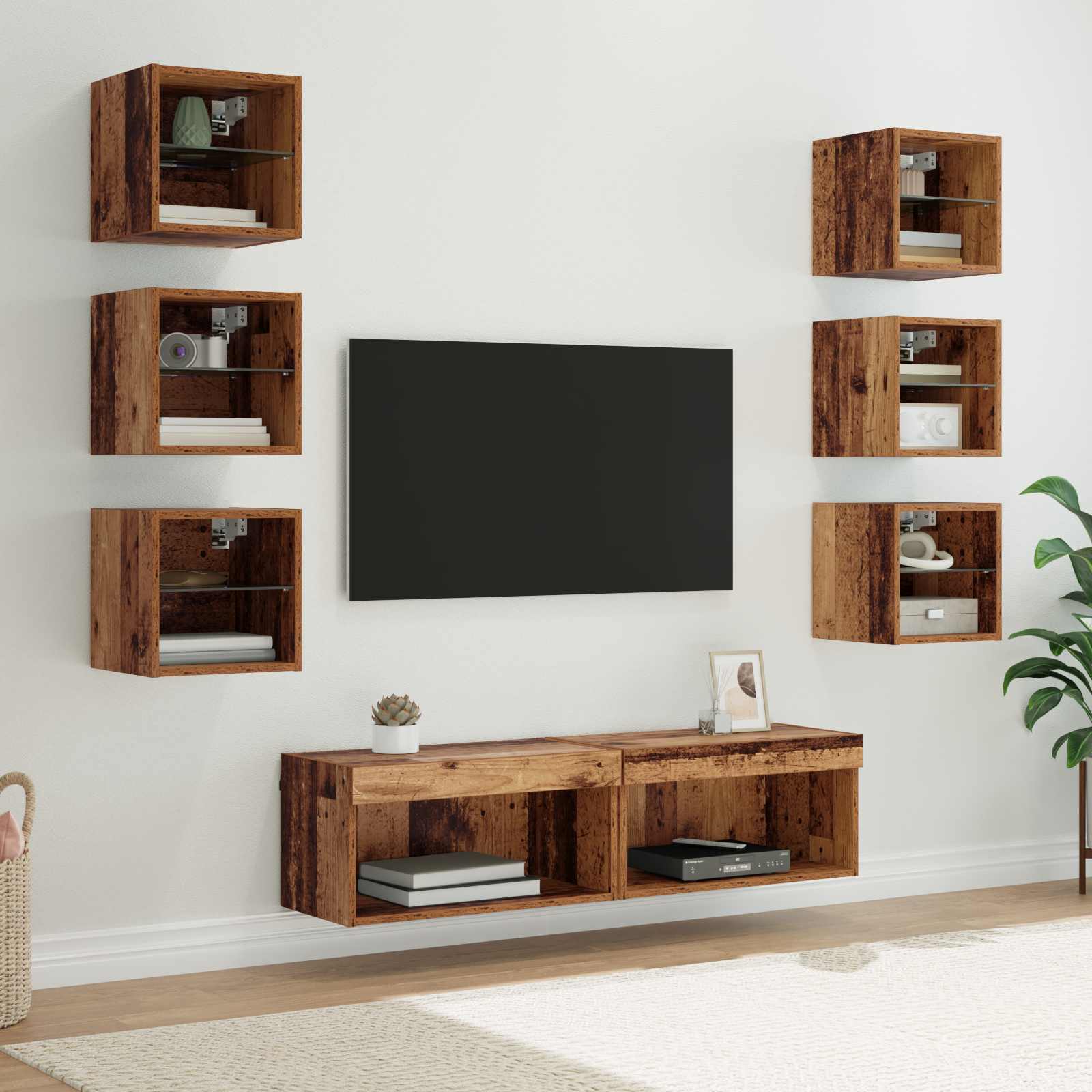 TV-Schränk mit LED-Lichtleisten Wandmontiert 8 pcs Altholz Glas