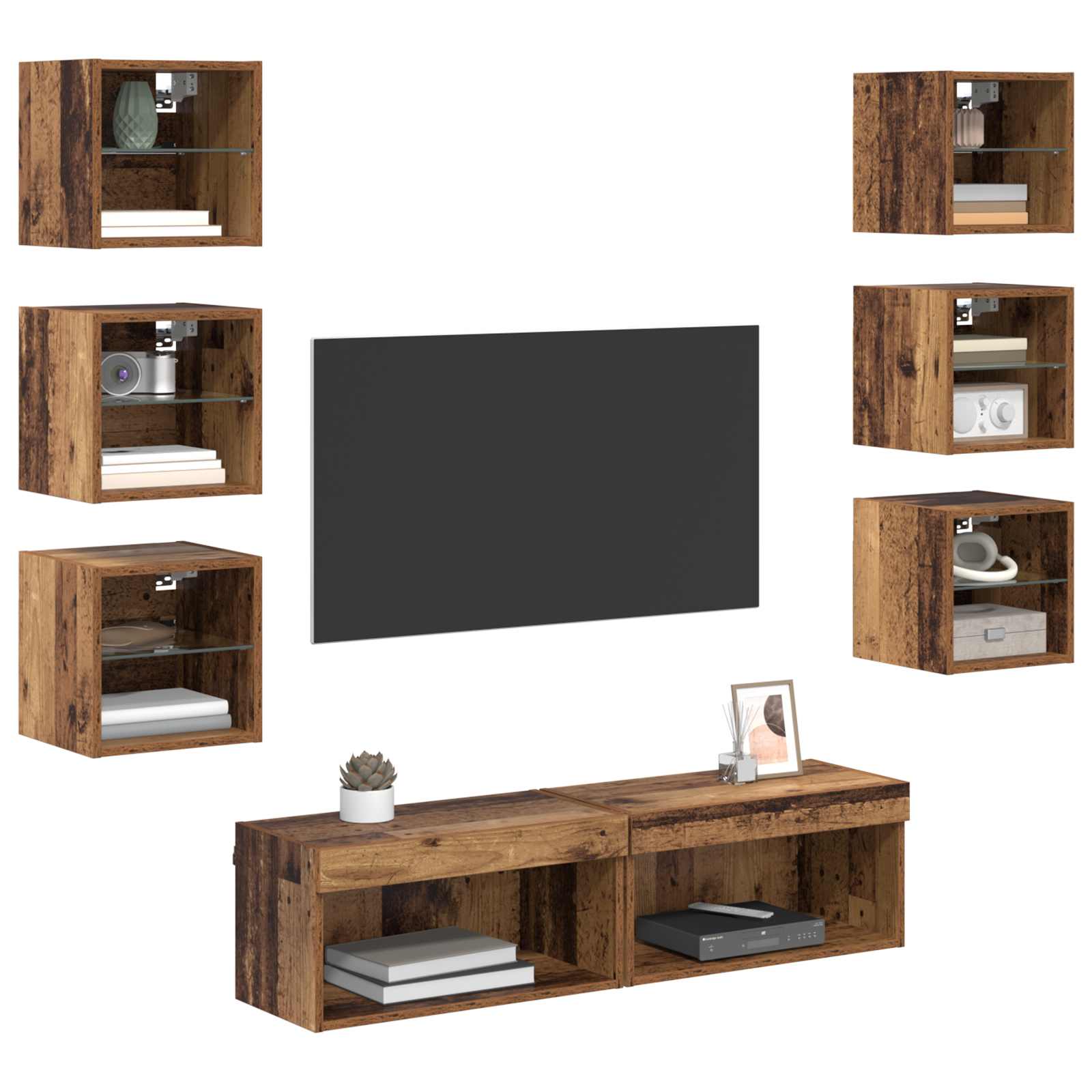 TV-Schränk mit LED-Lichtleisten Wandmontiert 8 pcs Altholz Glas